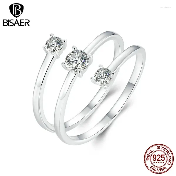 Ringos de cluster bisaer 925 prata esterlina terceiro andar brilhante zircão anel aberto anel simples banda banhada de ouro branco para mulheres jóias finas de casamento