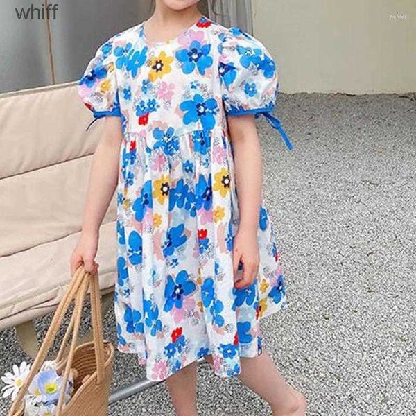 Abiti da ragazza Abiti da ragazza Abiti per bambini Abito Schema Blu Dress Blue Princess Summerla Short Short Round Neck Floral Borsful For Kids C240413