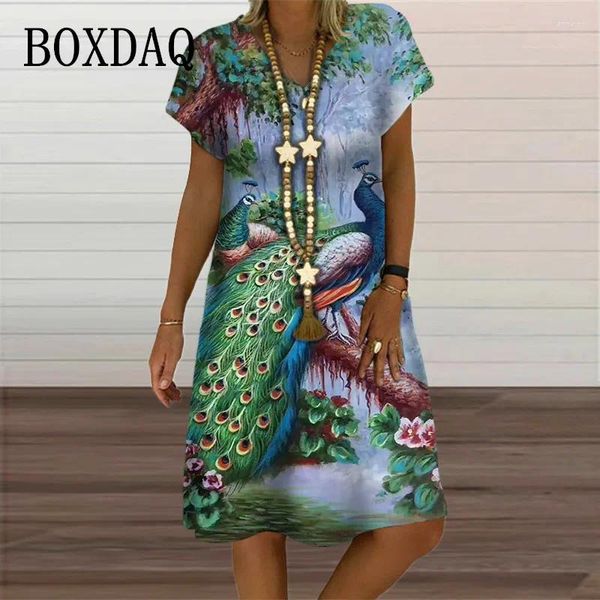 Vestidos de festa pintando pavão 3d vestido estampado feminino pulôver de verão de verão plus size de gola em V casual 2024