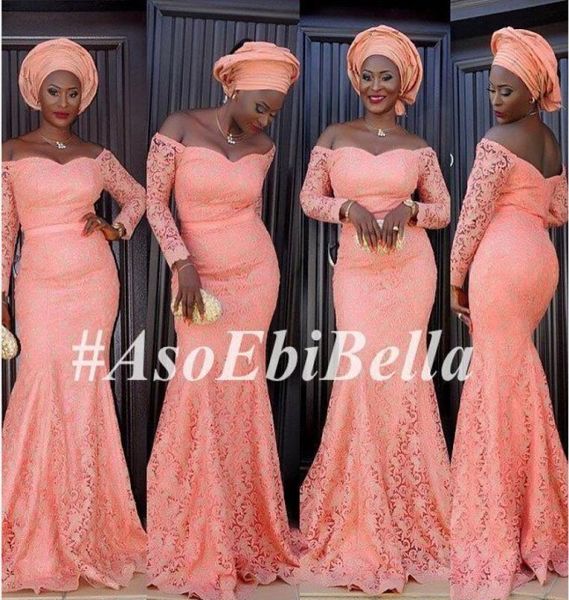 Вне плеча с длинными рукавами кружевные элегантные вечерние платья в стиле Aso Ebi Plus Size 2016 Африка русалка вечерние платья Peach Prom Pa5400980