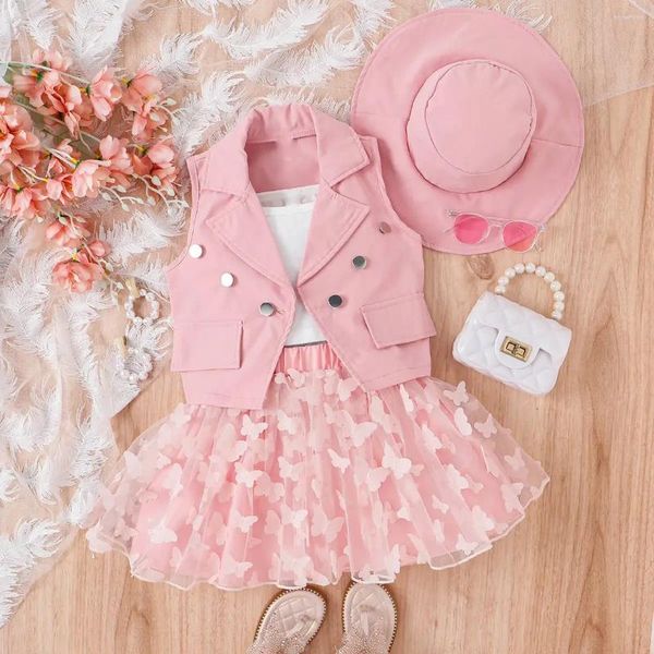 Kleidung Sets Sommermädchen Kleidung ärmellose Lappelanzug Jacke Weste Coat Gaze Schmetterling Falten Rock Kinder Kinder lässig