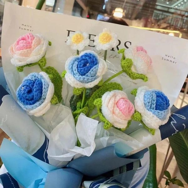 Dekoratif çiçekler bitmiş ürün buz kırma mavi gradyan gül buket dokuma diy el yapımı sevgililer günü doğum günü hediyesi yün tığ işi
