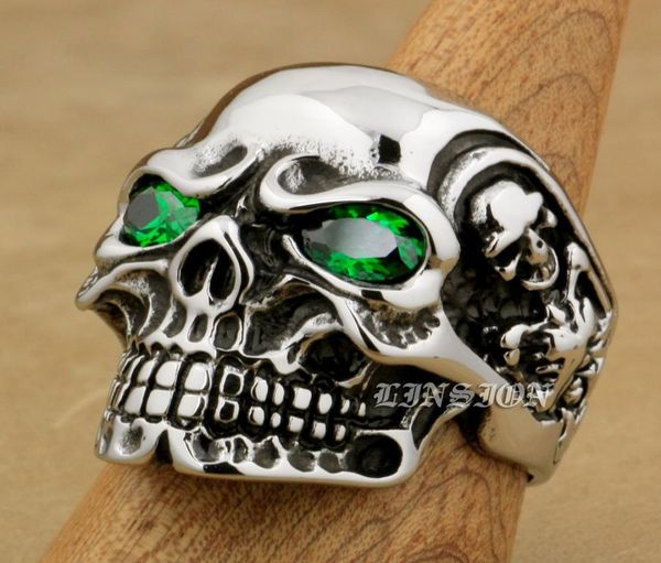 Linsion enorme pesado 316l aço inoxidável verde CZ Eyes Titan Skull Mens Boys Biker Rock Punk Ring 3A3017694135
