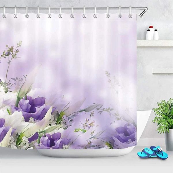 Duschvorhänge Blumenstrauß Ombre Hintergrund Vorhang Purpurplatte Badezimmer Haken Polyester Stoff Bad Set Wohnheimdekoration