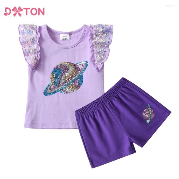Наборы одежды Dxton Kids Set for Girls Ruffles Tops Shorts Sequin Planet с коротким рукавом с коротким рукавом 2pcs костюмы для малышей Летние костюмы