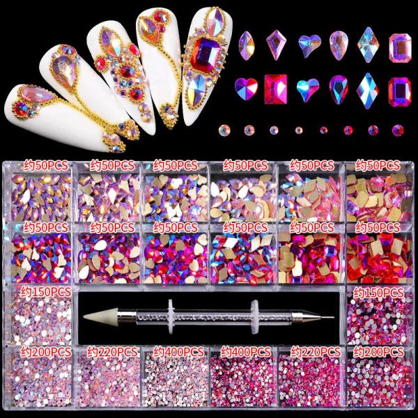 Accessori Shiny Diamond Nail Art Rhinestone Set Decorazioni di cristalli di vetro Design professionale per chiodi finti 3100 pezzi 21 griglia in scatola