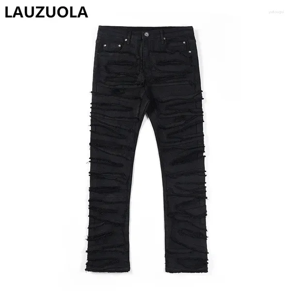 Calça masculina de alta qualidade de jeans preto de luxo rasgado