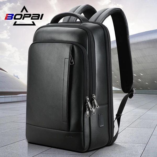 Rucksack Bopai hochwertiger Lederstudent 15,6 -Zoll -Laptop Herren Klassische Black Business Bags Männliche Herbst -Reise -Rucksäcke