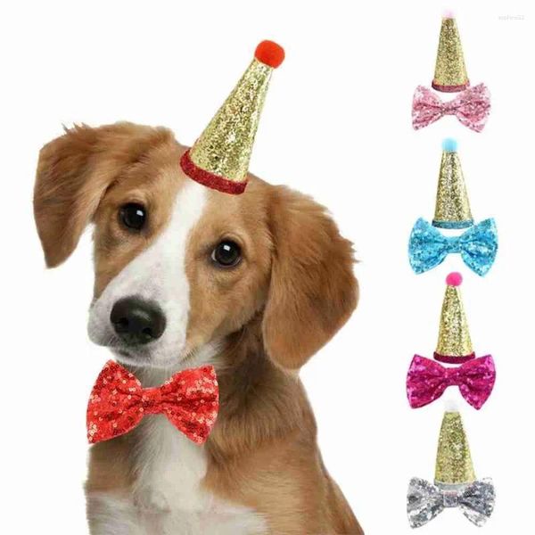 Hundebekleidung 2pcs/Set Haustierhunde Caps mit Bowknot Cat Birthday Kostüm mit Paillettendesign Kopfbedeckungsschütze Hut Weihnachtstier Accessoires