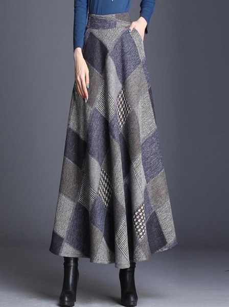 Mamãe plus size skia xadrez elegante e elegante cintura elástica de lã longa saia maxi fêmea a linha quente outono inverno Umbrea1913616