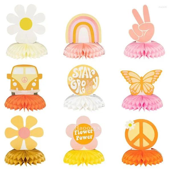 Украшение вечеринки 9pcs Groovy Retro Honeycomb Centerteces Hippie Boho Favors для подростков Дейзи бабочка настольный орнамент