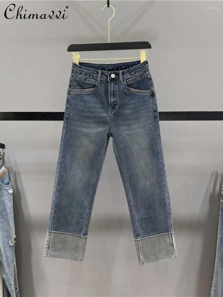Frauen Jeans europäische Kontrastfarbe Curling Denim Zigarettenhose Herbst Mode Retro High Taille Slim Elegant gerade Leg