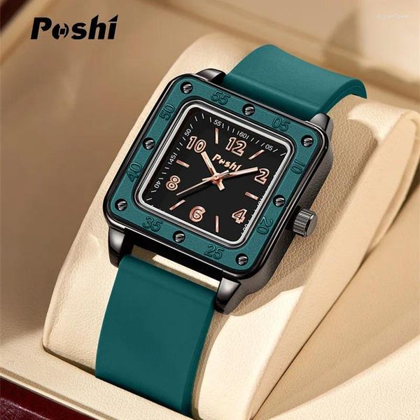 Avanadores de pulso Poshi Watch for Women Fashion Casual Quartz Silicone Strap Green Dial Women's Business Watches Montre Femme