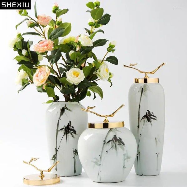 Vasen Tinte Malerei Keramik Vase mit Deckel Metall Wohnzimmer Eingangstisch Dekoration moderne Aufbewahrungsglasblumenarrangement