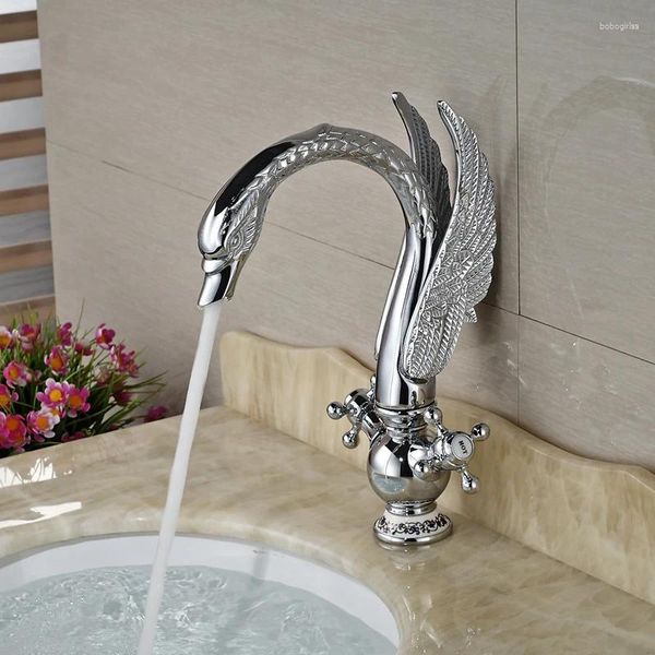 Banyo lavabo muslukları lüks swan şekil yıkama havzası güverte monte mikser musluklar krom kaplama