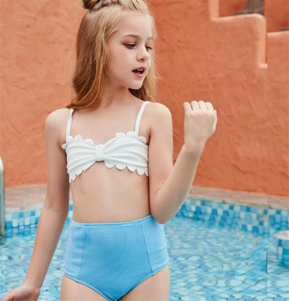 2pcs Bikini Bikini Badwear Kid Girl Badeanzug Smocking Spitze weiße Weste Solid Color Schlinge hohe Taille Blau Dreieck Shorts Schwimmanzug On3046705