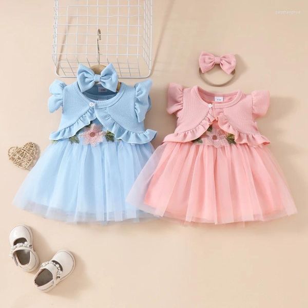 Roupas conjuntos de foco 0-3y 3pcs Adorável meninas meninas roupas de verão mangas babados de botão de casaco Flores de renda Tulle Bandra da cabeça