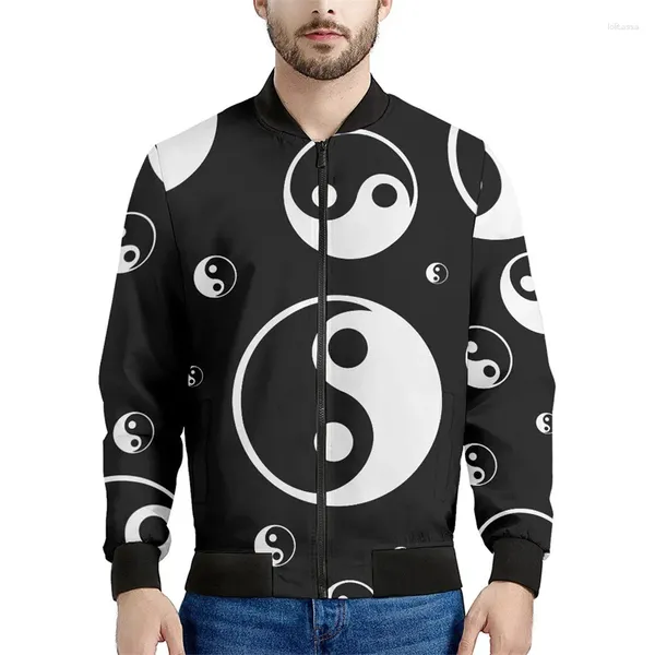 Erkek ceketler siyah beyaz yin yang desen ceket erkek kıyafet 3d baskılı sweatshirt serin rahat bombacı fermuar sokak moda üstleri ceket