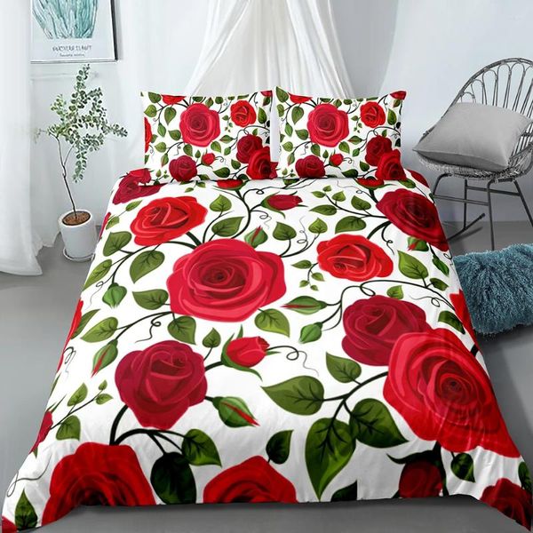 Bettwäsche Sets Mode Red Rose Muster Set 3D bedruckte Bettdeckel Quilt Cover Kissenbezug Schlafzimmer Home Textile