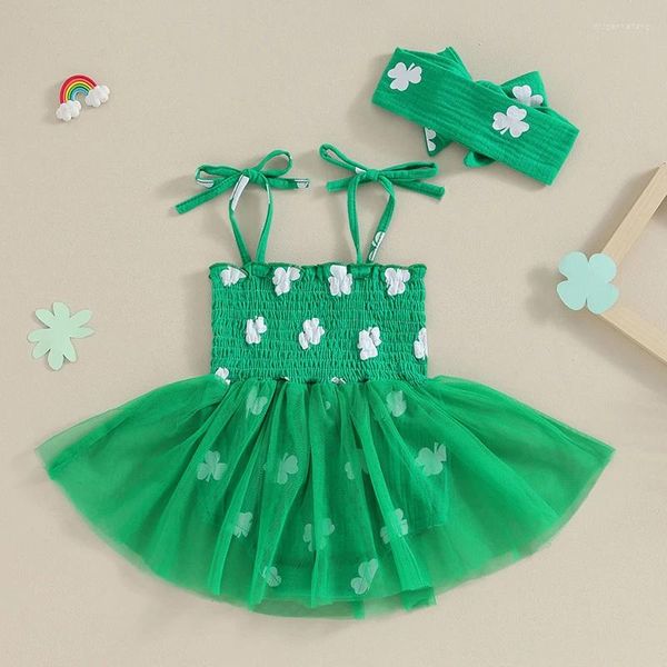 Mädchenkleider St. Patricks Day Baby Outfit Shamrock Strampler Kleid ärmellose Krawattengurt Bodysuit Tutu Rock süße Sommerkleidung