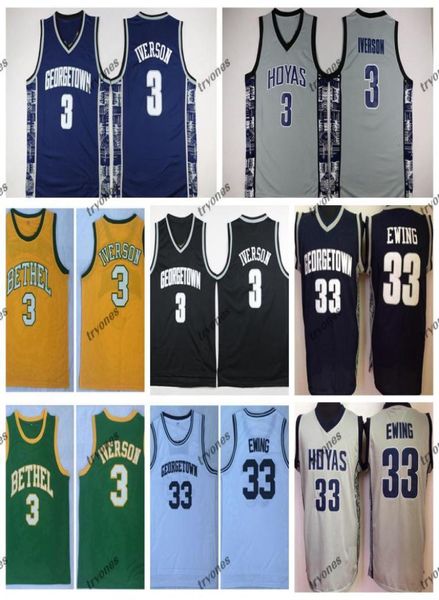 Vintage Georgetown Hoyas Allen Iverson 3 Patrick Ewing 33 Kolej Basketbol Formaları Bethel Lisesi Yeşil Dikişli Gömlekler4965955