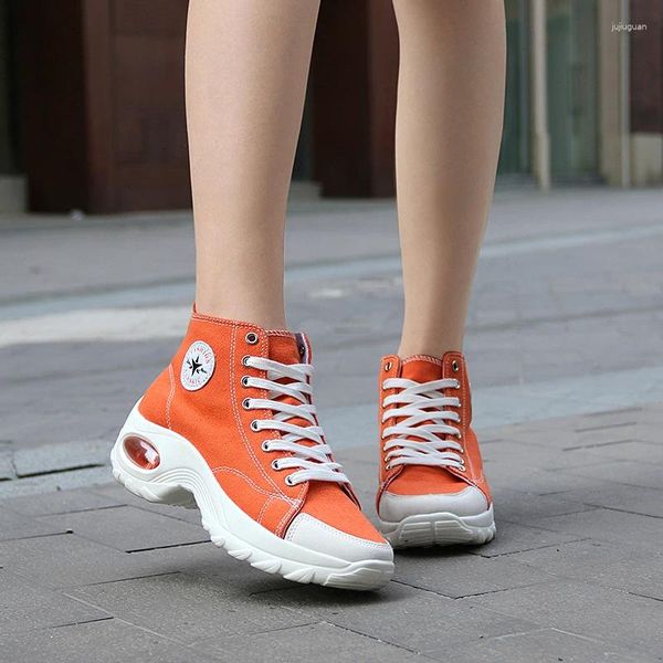 Lässige Schuhe vulkanisiert für Frauen Mode Luftkissen Schnürung Gummi -Sohle Flachfahrt Gehen Sie hohe Top -Leinwand