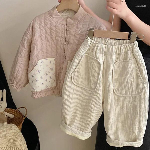 Set di abbigliamento Corea per bambini Cappotto a doppia faccia autunno e inverno Baby Pink White Collar Cotton Suit