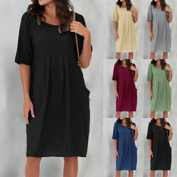 Lässige Kleider Frauen Sommer Kurzarm Kleid Kleider Solid Color Crewneck Swing Lose Maxi Tunika Dess täglich T-Shirt 2024