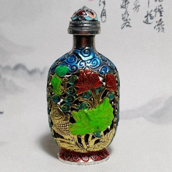Estatuetas decorativas chinesas puras cobre garrafa de rapé de dupla face com pintura interior por anos mais do que o artesanato oco de brilho no escuro