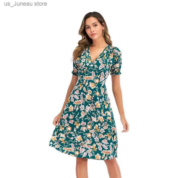 Abiti casual di base Casual Elastic Waist Dress Domande da donna Boho Beach Domande 2021 Plus Floral Stampa floreale Vintage Midi Dress Vestitido de Festa 1 T240415