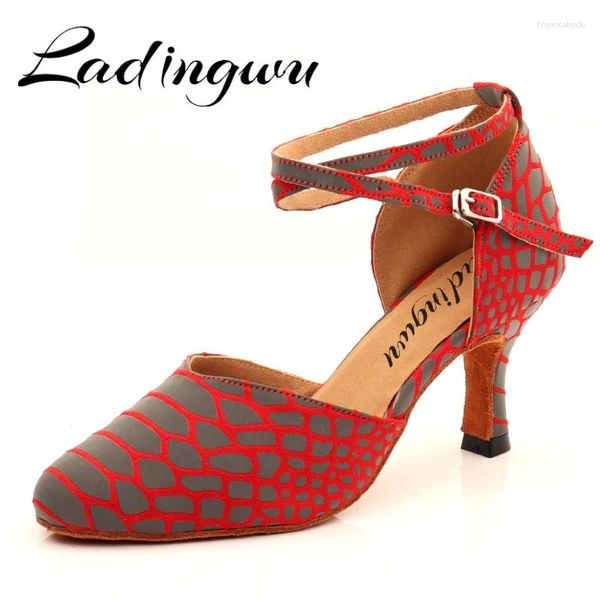 Scarpe da ballo Ladingwu Python Texture Suede Suede sala da ballo da donna Baotou Girl Snake Latin Red Black Grey Opzione