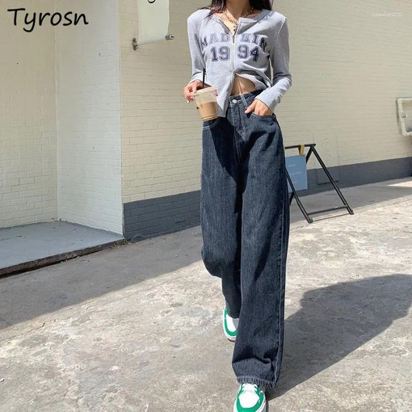 Frauen Jeans hohe Taille Lose breites Bein blau-grauer Mode wischend Vintage koreanischer Stil Mädchen Y2K Stylish Freizeit Streetwear Chic Chic