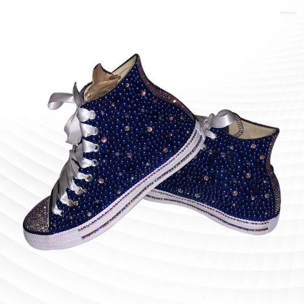 Freizeitschuhe Frühlings- und Herbst-Strass-Perle Handgefertigte Leinwand High Top Spitzen-Schnür-Lace-up Frauen plus Größe 35-46