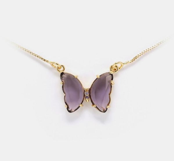 Gioielli di lusso Donne Pink Purple Glass Butterfly Designer Collane di rame con collane a pendente placcata in oro per ragazza Sty4862018