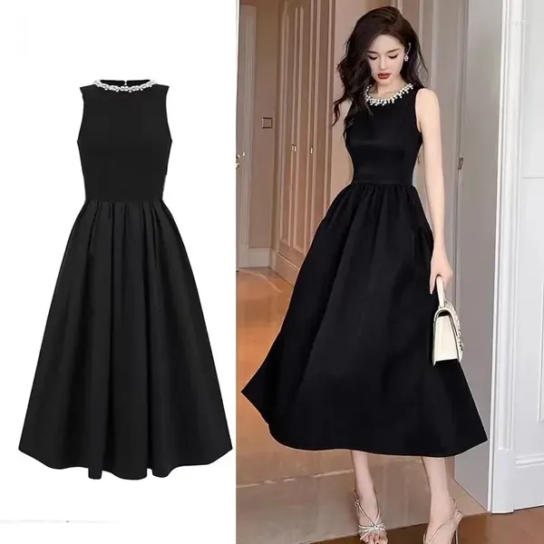 Lässige Kleider Vintage O Hals ärmellose Prom Party Ballkleid Kleid elegante Frauen Perlenperlen Sommertank für