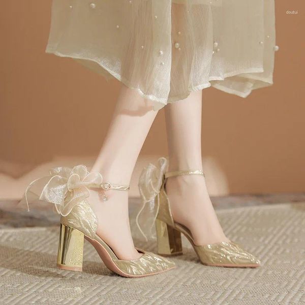 Scarpe eleganti taglia 30-44 tallone grosso cavo con tacchi alti con punta oro d'argento da donna