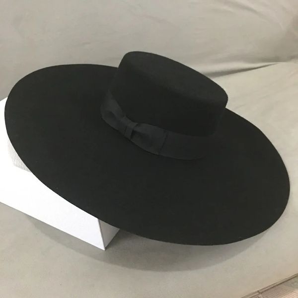 Estilo retrô big quente largura abrangente lã fedora chapéu preto feltro proa de inverno liso de inverno para mulheres igreja de festas 240403