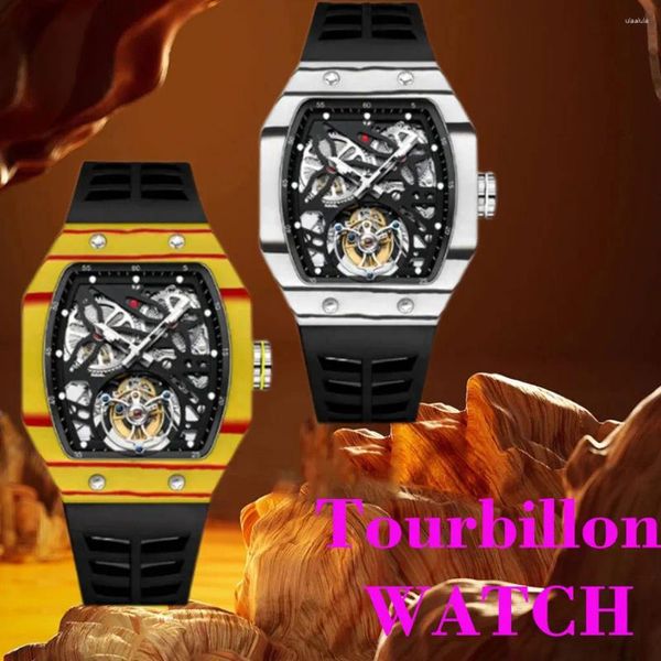 Orologi da polso Trending Square volante Tourbillon Watch Carbon Fibra Mechanical Men Mechanical MECCHITH Skeleton Giallo Clock maschio giallo