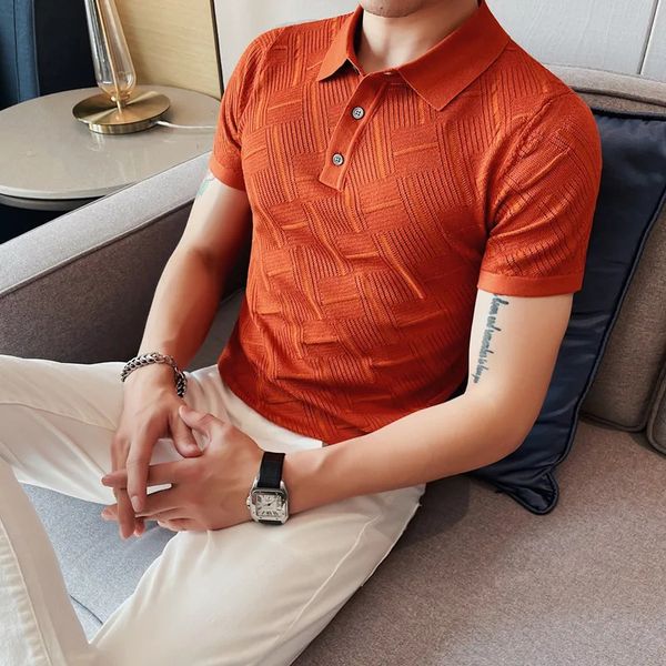 2023 koreanische Herren im koreanischen Stil Summer Hollow Out Strick -Polo -Hemdsmale Slim Fit Plaid Fashion Casual Short Sleeve Shirt S4XL 240403