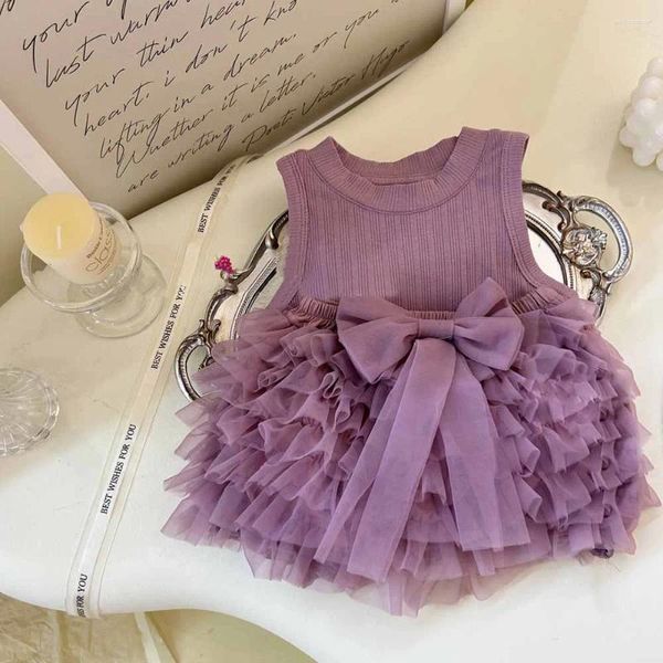 Roupas Conjuntos de roupas Sweet Purple 2 peça Conjunto de verão Garota elástica Aplique Applique Triered Tulle Mini Cake Skirt Knit