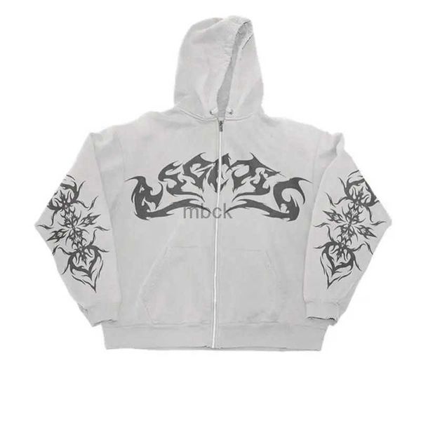 Mens Hoodies 2023 Baskılı Uzun Kollu Ceket Avrupa ve American Street Trend Y2K Gotik Punk Moda Retro Trend Fermuar Spor Süvarisi 240412