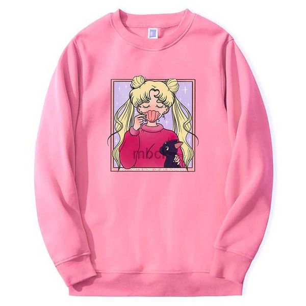 Sweatshirts Erkek Ceketler 2024 Yeni Sailor Moon Anime Kız Hoodie Erkekler Kadınlar Harajuku Kawaii Sevimli Pembe Sweatshirts Gevşek Harajuku Yuvarlak Boyun Sokak Giyim 240412