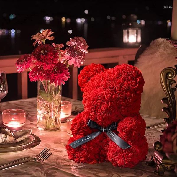 Flores decorativas Teddy Rose Bear 25cm Artificial com caixa Luz de namorada de namorada aniversário de casamento aniversário do dia dos namorados presente