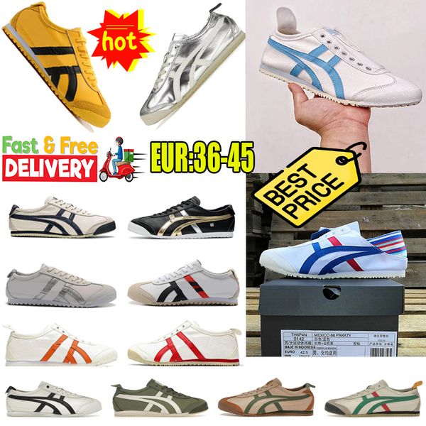 2024 Novos sapatos casuais de estilo MEXICO 66 Slip-On Leather Lace-up Sneakers Gum vela Black Branco Amarelo Verde Sports Sports Sports Gai Tiger