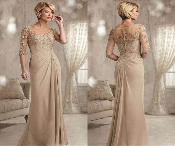 Champagne Mutter der Braut Kleider Plus Size 2023 Chiffon Halbärmel Bräutigam Godmutter Abendkleid für Hochzeit Neues Perlen Lac2948669