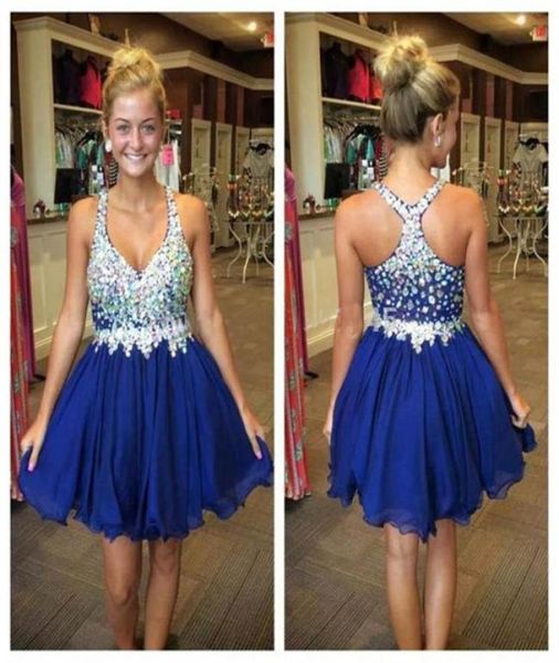 Crystal Royal Blue Prom Kleider Kurzes Heimkehrkleid -Perlen -Gurte Chiffon Minirock 8. Klasse Abschlusskleider Strass PA8220844