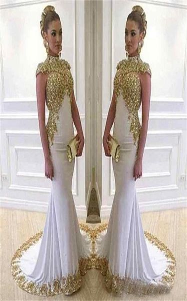 Suudi Arabistan Vestido Gold Aplike Boncuklar Parlak Deniz Kızı Gece Elbiseler Yüksek Boyun Kapağı Kollu Beyaz Dubai Uzun Balo Elbise1628497