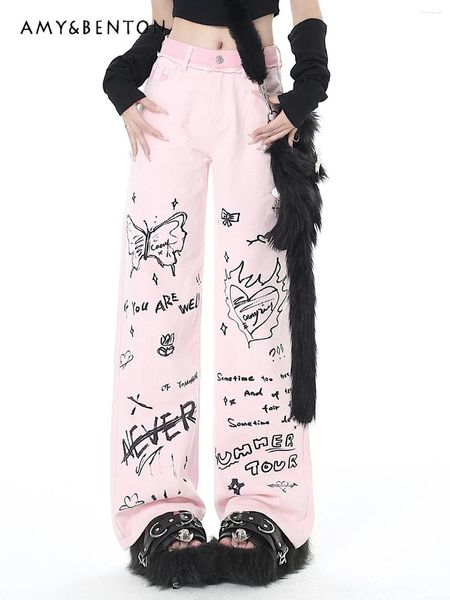 Jeans femininos Moda de graffiti personalizado para mulheres Doces e legais Design meninas rosa cintura larga perna larga calça jeans de outono