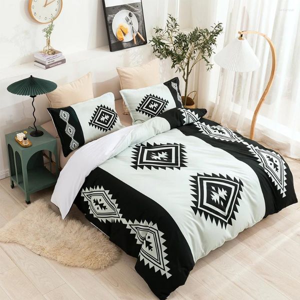 Defina a cama de cama de arte geométrica de arte moderna Tampa de edredão preto e branco Conjunto King Tamanho Nórdico Cama 3D de linhas de cama