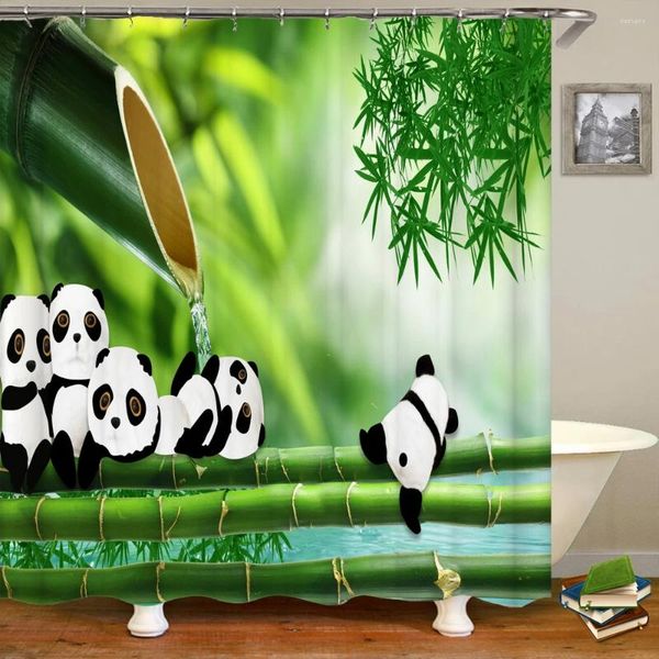 Duschvorhänge 3D bedrucktes Cartoon süße Panda Vorhang grüne Pflanze Bambus Landschaft Badezimmer Polyester wasserdicht mit Haken